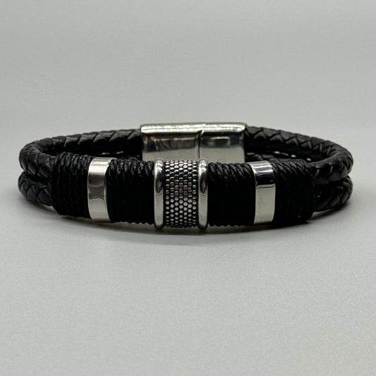 Men's Viking Leather Stainless Steel Silver Dotted Bracelet