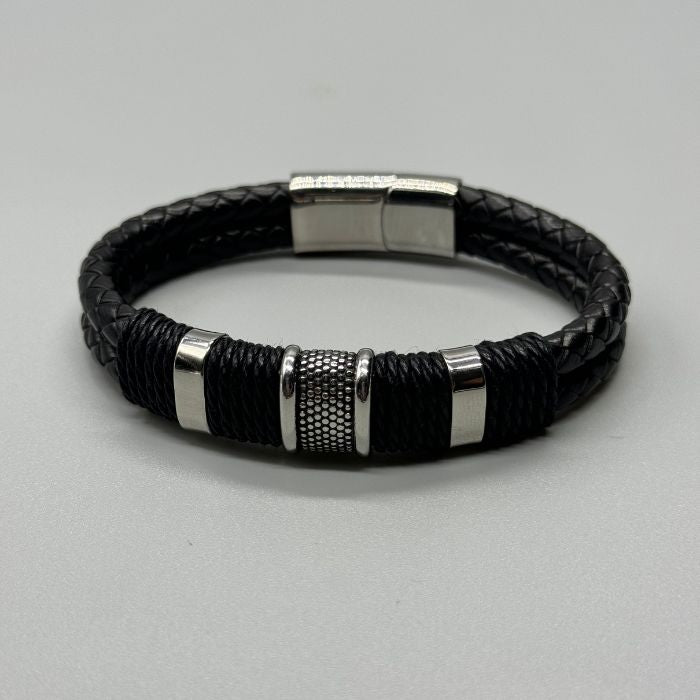 Men's Viking Leather Stainless Steel Silver Dotted Bracelet