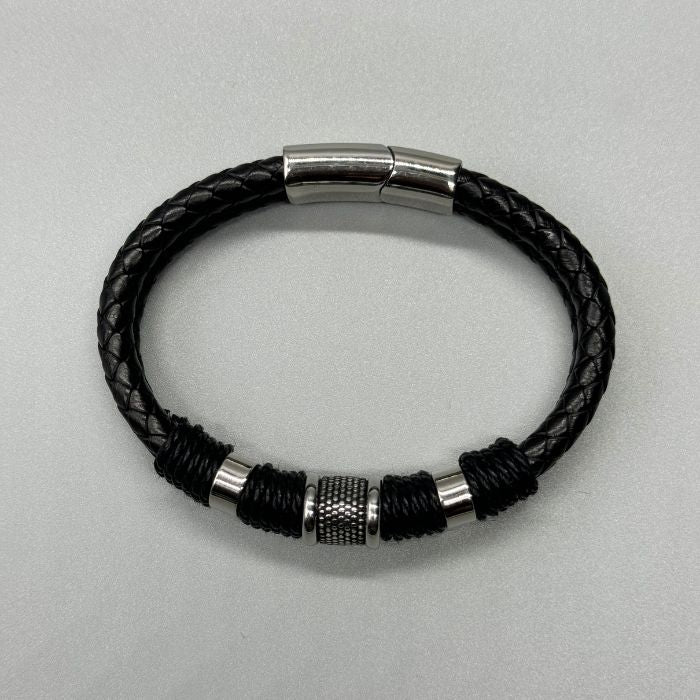 Men's Viking Leather Stainless Steel Silver Dotted Bracelet