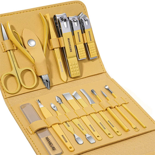 Professional Manicure Kit - 16pc Stainless Steel Set with Folding Case