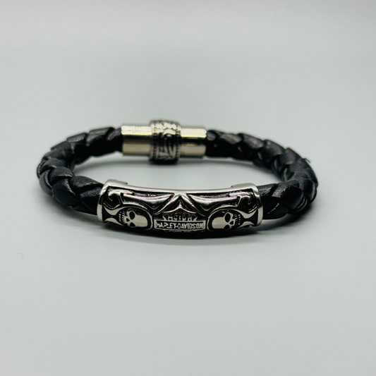 H-D Skull Leather Stainless Steel Silver Bracelet