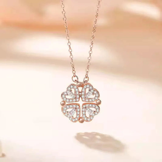 Hyacinth 4-pcs Zircon Heart Magnetic Clover Necklace - Rose Gold